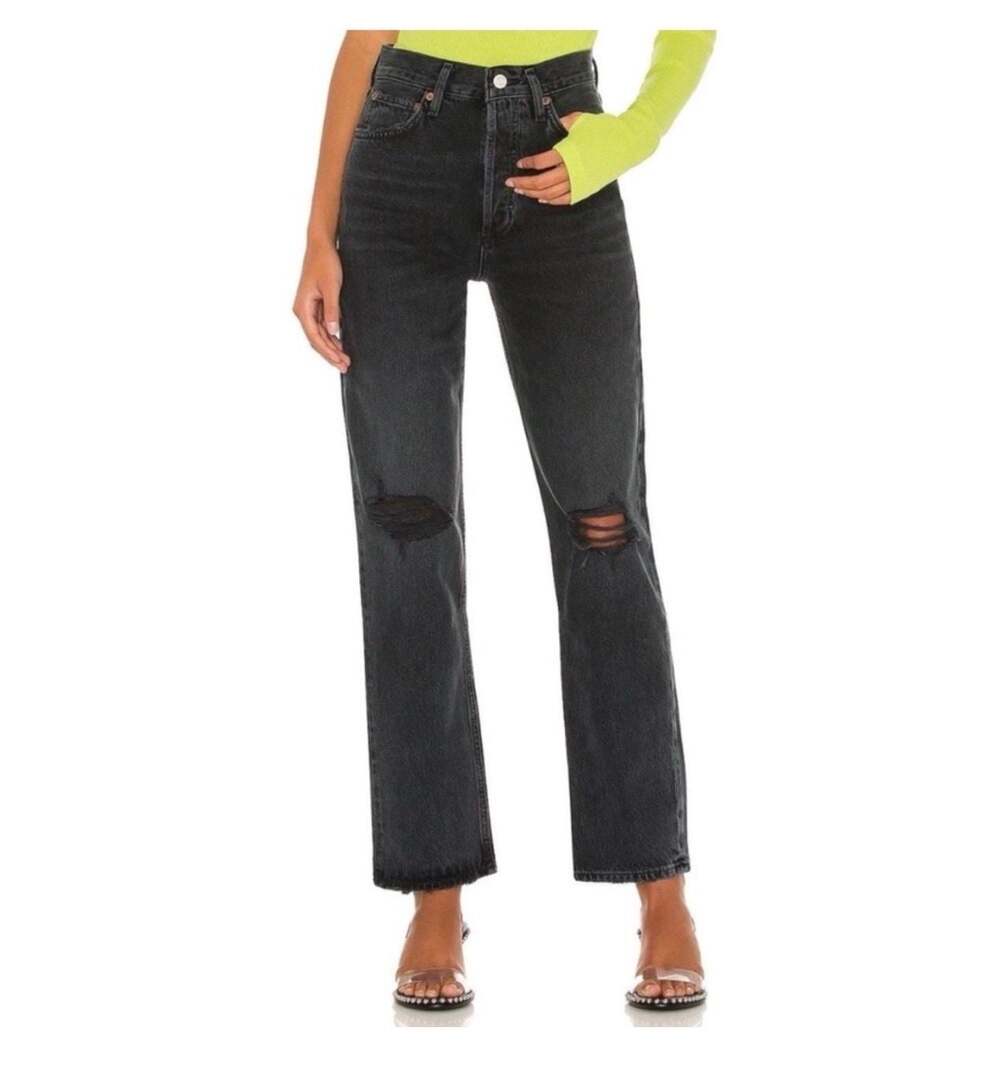 AGOLDE 90's Pinch Waist Straight Leg Distressed Jeans in Faded Black, Size 27
